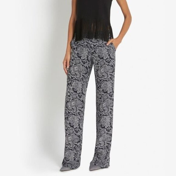 THEORY Mitrana Georgette Wide Leg Pant ~ 100% Silk Navy Blue Paisley Print Large - Picture 4 of 15